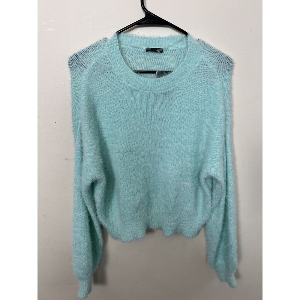 Wild Fable Fuzzy Eyelash Knit Sweater Womens S Bleached Aqua Mesh Sleeve NWT